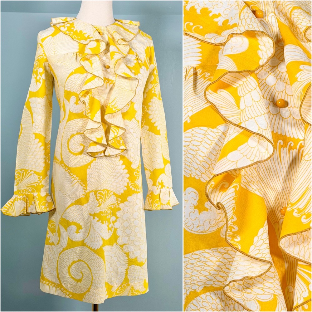Vintage 1960s Floral Mini Dress Yellow Ruffle Gogo Shift Mod 60s 70s‎ Medium M
